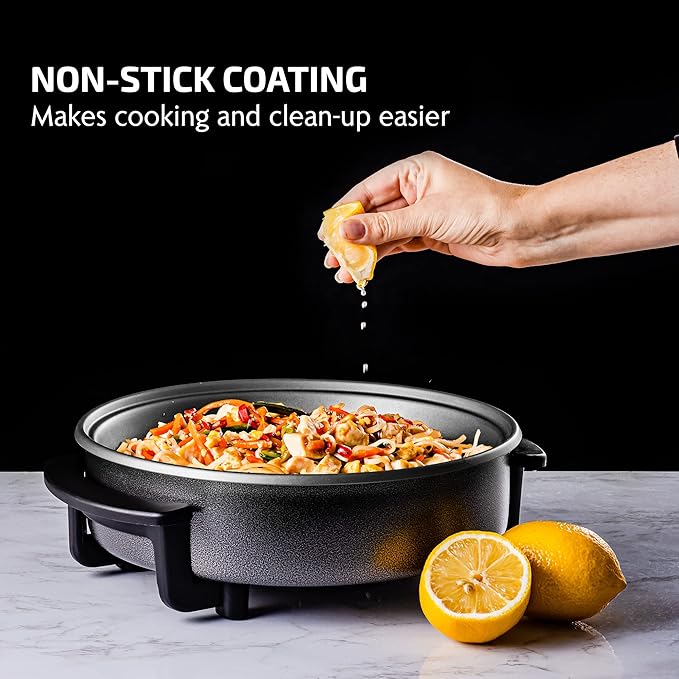 OVENTE 11.5-Inch Electric Skillet & Frying Pan, 1400W Nonstick Cooking Pan with Adjustable Temperature Control, Tempered Glass Lid with Steam Vent, Cool-Touch Handles, Easy-Clean Black SK11112B