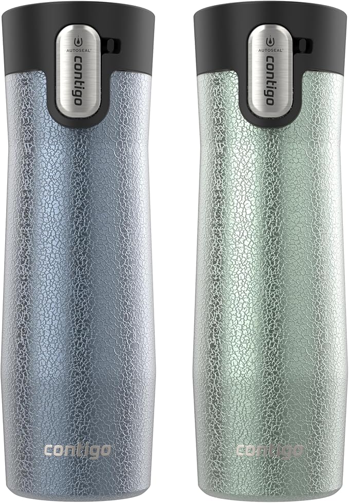 Contigo® AUTOSEAL® West Loop Vacuum-Insulated Stainless Steel Travel Mug with Easy-Clean Lid, 20 oz, 2 pack, Crystal Lakeside; Crystal Agave
