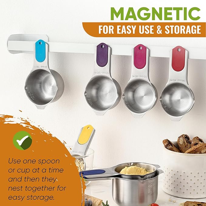 Spring Chef Magnetic Measuring Cups & Spoons Set, Patented, Strong N45 Magnets, Heavy Duty Stainless Steel Fits in Spice Jars for Baking & Cooking, BPA Free, Set of 15 with Leveler, Multicolor