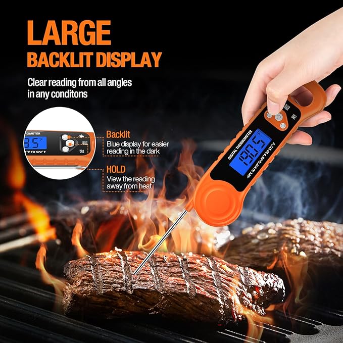 Digital Meat Thermometer for Grilling, Candy Thermometer Instant Read Food Thermometer Waterproof with Backlight for Cooking, Deep Fry, BBQ, Grill, Smoker and Roast (Orange)