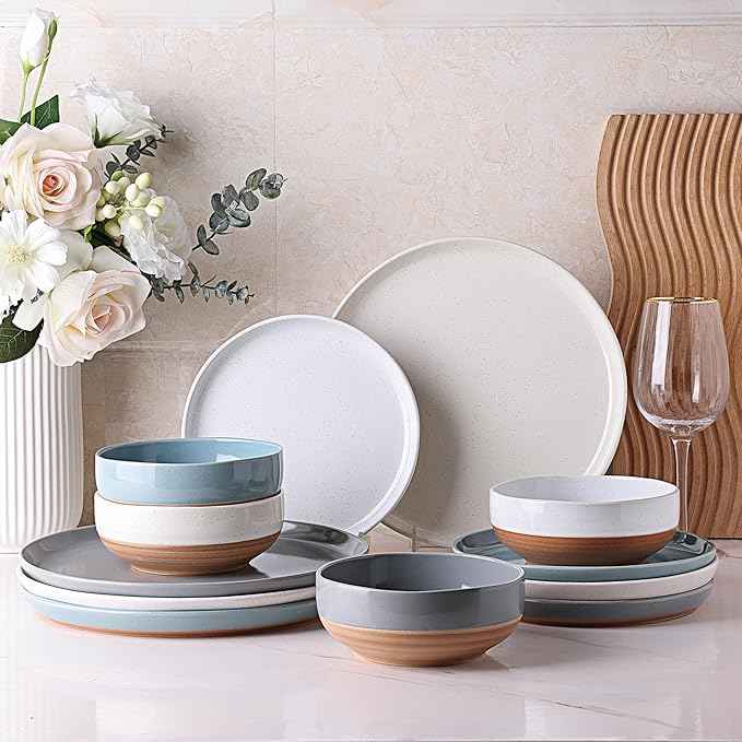 AmorArc Ceramic Dinnerware Sets for 4, 12 Pieces Handpainted Plates and Bowls Set with Rustic Terracotta Underside, Scratch Resistant Stoneware Dishes Set, Dishwasher & Microwave Safe, Multi-Color