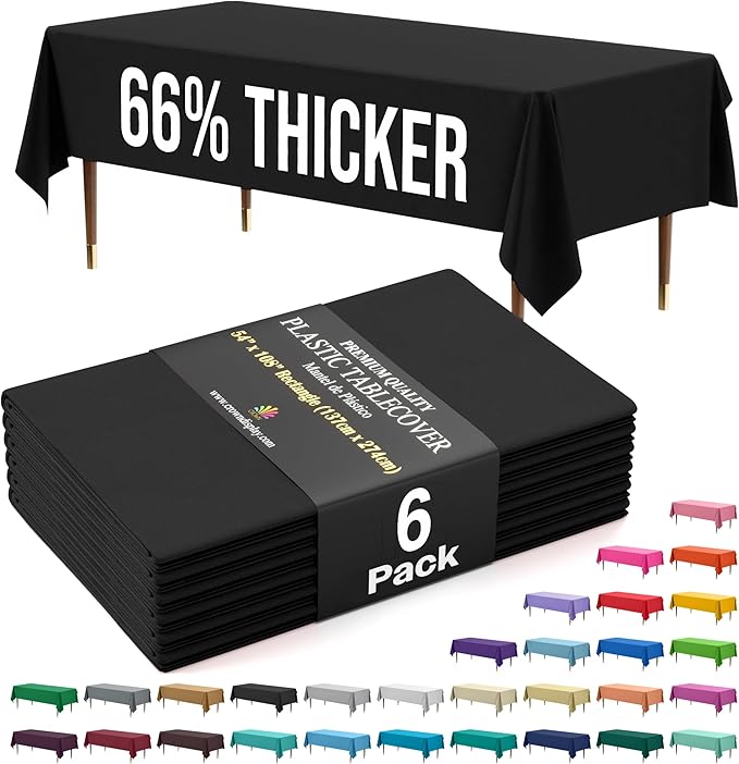 Party Solids 66% Thicker Premium Plastic Table Cloth Rectangle Table Cover 0.5 Mil 6 Pack Black Table Cloth 54 Inch x 108 Inch Disposable Tablecloth Won't Tear Easily Like Cheap Thin Brands
