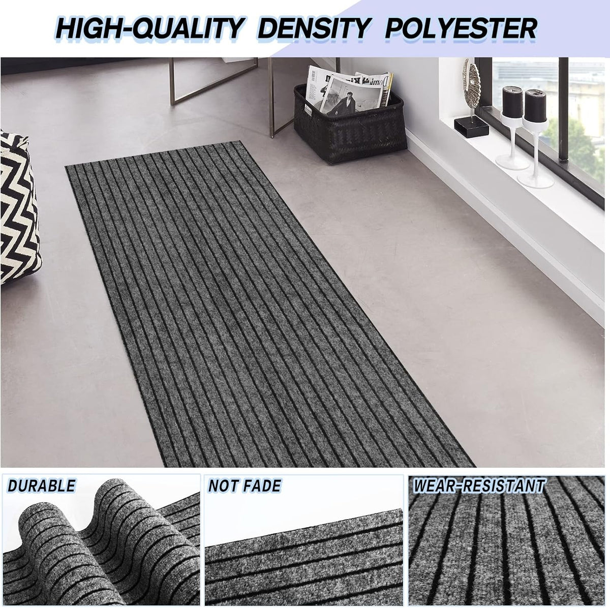 Custom Size Backed Non-Slip Area Rugs Runner, Easy Clean, Waterproof Runner Rugs for Hallway Entryway, Kitchen, Laundry, 3FT x 36FT, Gray Stripe