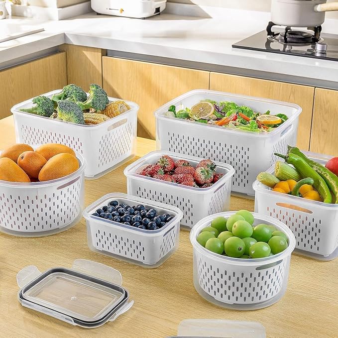5 PCS Fruit storage Containers for Fridge with Removable Colander and Chopper Set, Leakproof Food Storage Containers with lids, Dishwasher & Microwave Safe Produce Containers to Keep Fruits Fresh ﻿