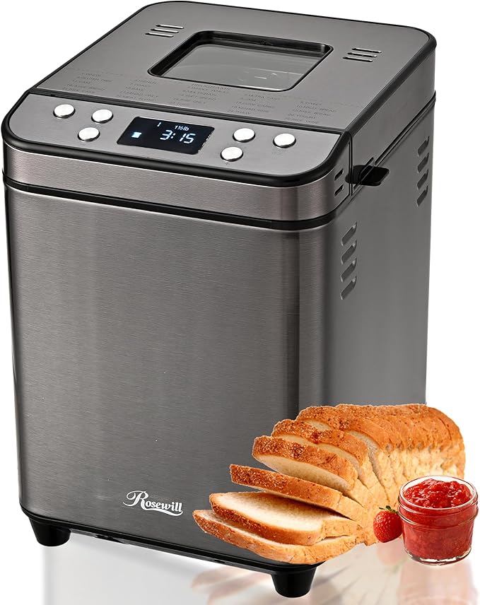 Rosewill 25-in-1 Automatic Bread Maker Machine with 3 Loaf Size up to 2 Lb, 700W High Power Dual Heater Bread Maker with BPA-free Nonstick Coating Pan, Max 15 Hours Delay Timer, Low Noise - Gray