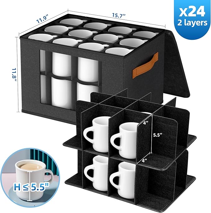 2-Layer Coffee Mug Storage Box with Dividers, Coffee Cup Storage Organizer with Zipper Lid and Handles, Stackable Mug and Cup organizer Service for 24 Coffee Mugs, Cups and Glasses, Dark Grey