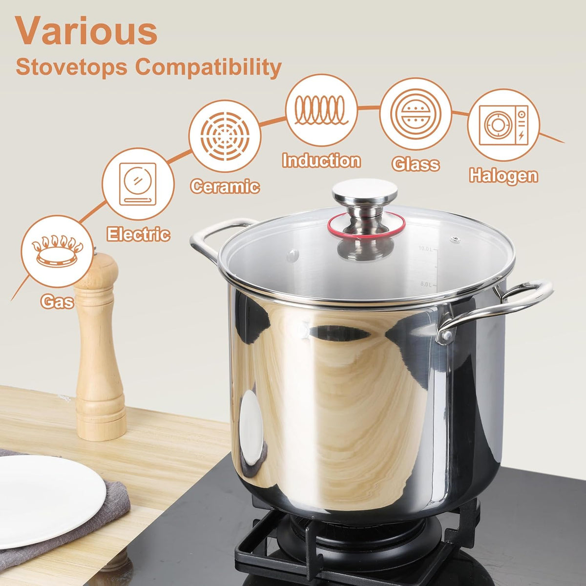Herogo 10 Quart Stock Pot, 18/10 Stainless Steel Large Cooking Pot with Lid, 10 QT Metal Pasta Stockpot for Chicken Soup, Tri-ply Big Stockpot for Induction Gas Electric Stove, Dishwasher Safe