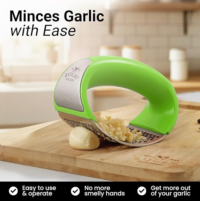 Zulay Kitchen Stainless Steel Garlic Press Rocker Set - Premium Garlic Mincer Garlic Crusher - New Innovative Garlic Crusher with Peeler and Scraper - Comfortable Grip (Green)