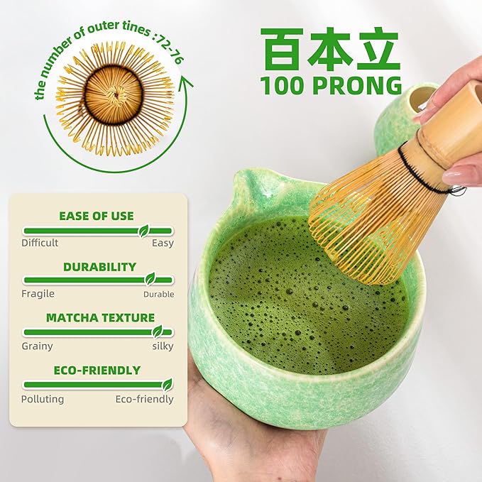 TEANAGOO Matcha Whisk Set,7 Pcs Matcha Set Green,Ceremony Matcha Kit,Matcha Tea Set for Making Latte,Ceramic Bowl(chawan) whith Spout and Whisk,Gift for Matcha Lovers