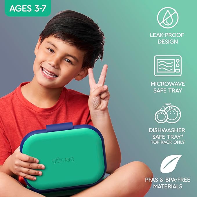 Bentgo Chill Kids Leak-Proof Lunch Box - 4-Compartment Bento Box with Built-In Ice Pack, 3.3 Cup Capacity, PFAS & BPA-Free, Microwave & Dishwasher Safe, Ideal Size for Ages 3 to 7 (Green/Navy)