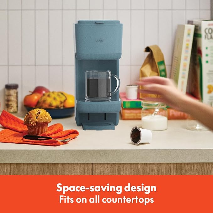 BELLA Single Serve Coffee Maker, K Cup & Coffee Ground Compatible with Removable, Adjustable Drip Tray, Auto Shutoff & Reusable Dishwasher Safe Accessories, Brews 6oz to 14oz, 1000 Watt, Surf