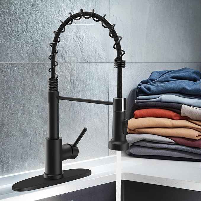 Kitchen Faucets with Pull Down Sprayer Commercial Industrial Stainless Steel Single Handle Single Hole Spring Farmhouse RV Sink Faucet, Matte Black Kitchen Faucet for Laundry Utility Room Sink