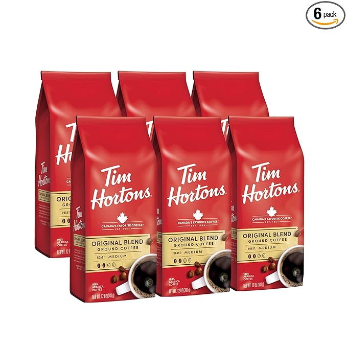 Tim Hortons Original Blend, Medium Roast Ground Coffee, Perfectly Balanced, Always Smooth, Made with 100% Arabica Beans, 12 Ounce (Pack of 6)