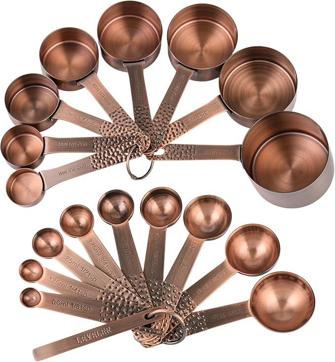 Smithcraft Copper Measuring Cups and Spoons Set, Stainless Steel Measuring Cups Spoons, Metal Metric & US 8 Measure Cup, 9 Kicthen Measure Spoons & Leveler for Baking & Kitchen