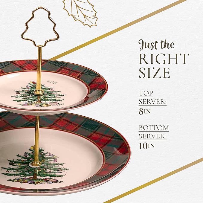 Spode Christmas Tree Tartan 2-Tiered Server, Holiday Cupcake Stand, Dessert Display Set, Earthenware Serving Platter, 10" & 8" Plates, Dishwasher Safe Serveware for Appetizers, Desserts, Cookies