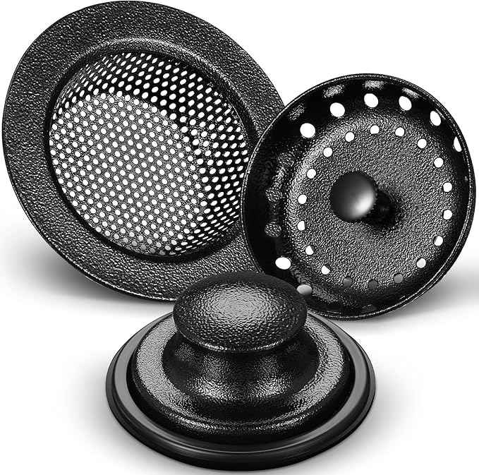 Mudder 3 Pcs Kitchen Sink Drain Strainer and Stopper Stainless Steel Garbage Disposal Plug with Handle Universal Anti-Clogging Kitchen Sink Filter Sieve Basket Strainer(Black Texture)