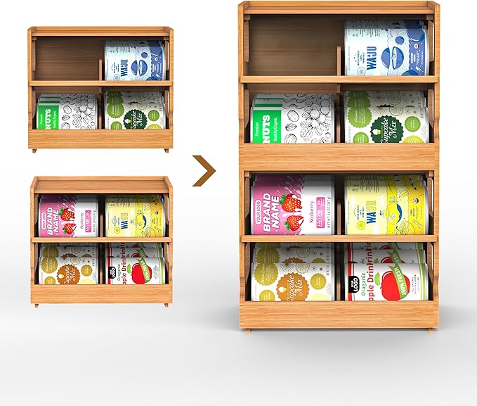 Teamkio Can Organizer for Pantry, Bamboo Pantry Organizer, 2 Tier Stackable Can Storage Rack Ideal for 36 Human and Pet Food Cans(FIFO)