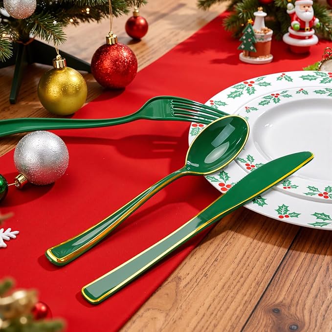 WDF 180PCS Green Plastic Silverware - Green Utensils 60 Forks, 60 Knives and 60 Spoons - Heavy Duty Christmas Plastic Cutlery for Party Supplies/Christmas