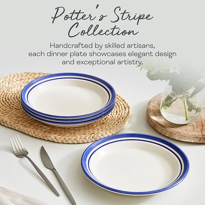 Portmeirion Potter's Stripe Salad Plate (Set of 4) - 8" Earthenware Plates with Classic Striped Rim - Microwave, Dishwasher, Freezer, Oven Safe - Ideal Modern Dinnerware Set (Blue Stripe)
