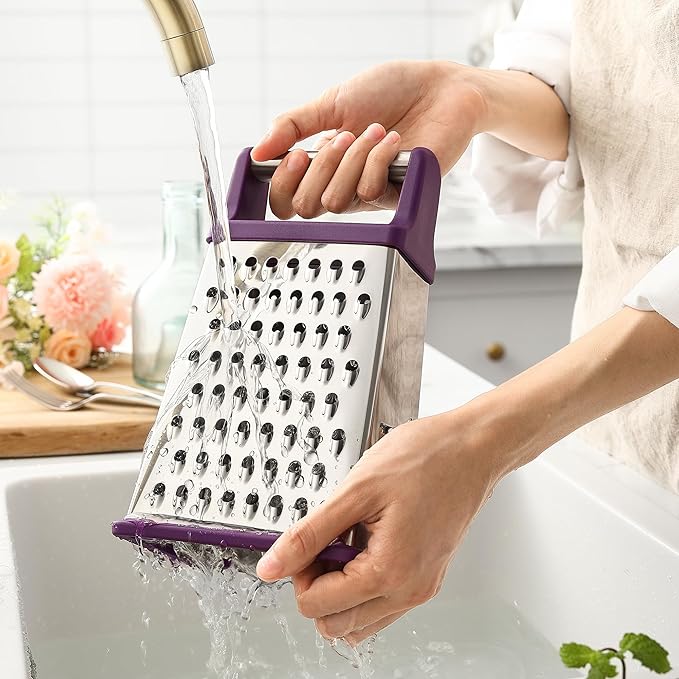 Spring Chef Purple Professional Stainless Steel XL Parmesan Cheese Grater with Handle - Manual Box Grater for Kitchen, 4 Sides, Dishwasher Safe Food Shredder for Vegetable, Potato, Hard Cheese, Carrot