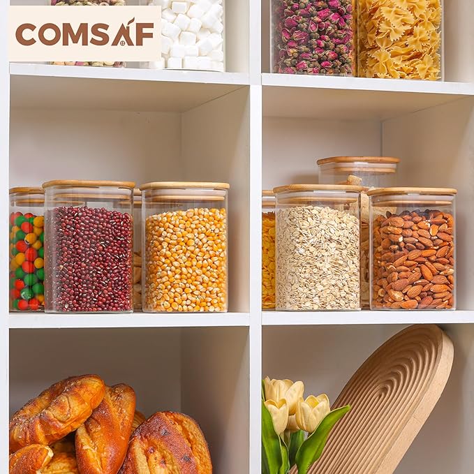 ComSaf 1.2 Qt Glass Storage Containers with Lids, Glass Jars with Lids, Clear Food Storage Jar, Square Canister Set of 9, Pantry Organizers and Storage for Cookie Flour Oat Pasta Tea Coffee Bean