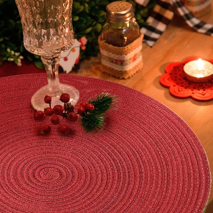 FunWheat Round Placemats Set of 6 Table Mats for Dining Tables Washable Non-Slip Place mats 15 Inch for Christmas(Red Shine)
