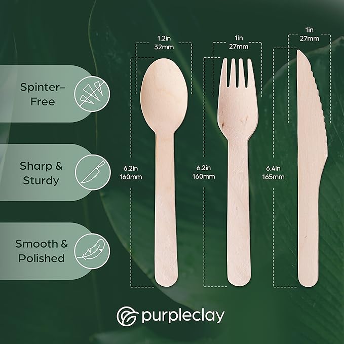 PURPLECLAY Disposable Wooden Utensils 300 PCS (100 Sets) Cutlery Wrapped with Fork, Spoon, Knife, Napkin