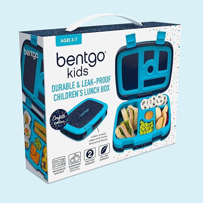 Bentgo Kids 5-Compartment Lunch Box - Confetti Design for School, Ideal for Ages 3-7, Leak-Proof, Drop-Proof, Dishwasher Safe, & Made with PFAS & BPA-Free Materials (Confetti Edition - Abyss Blue)