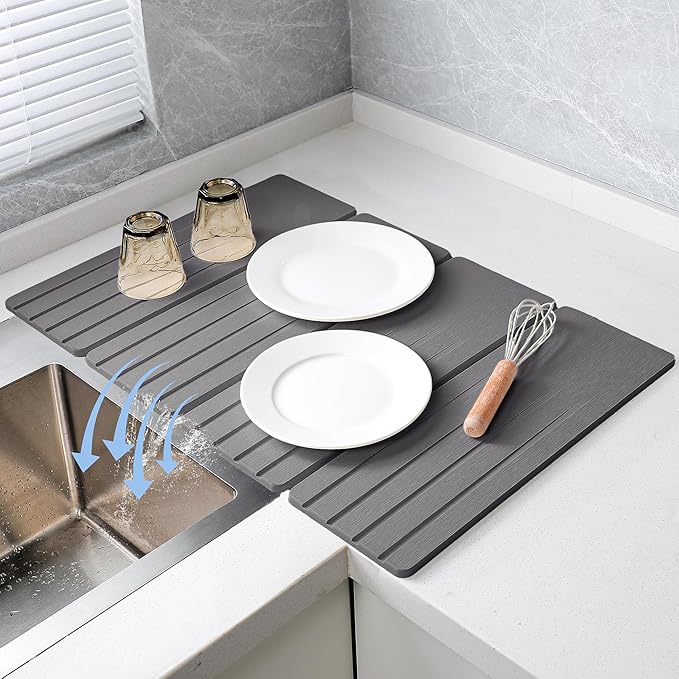 Extral Large Quick Dry Stone Drying Mat for Kitchen Counter,28x16 Inch Collapsible Eco-Friendly Absorbent Diatomaceous Earth Mat for Dishes Cups (Deep Gray-Upgraded Version, 16x12 inch)