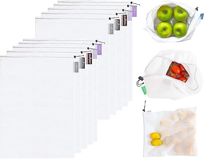 purifyou Set of 10 Reusable Mesh Produce Bags, Heavy Duty, Washable, Farmers Market Bag for Fruits, Vegetables, Groceries, Kitchen Storage, Home Organizer (12x20in)
