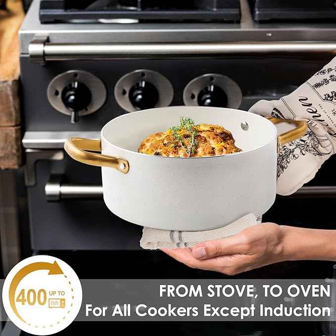 Ceramic Cookware Set, VONIKI 16 Pcs Pots and Pans Set Non Stick, Kitchen Cookware Sets with Cooking Utensils Set, Non Toxic Cookware Set White Gold Pan Set for Cooking Pot Oven & Dishwasher Safe, Gift