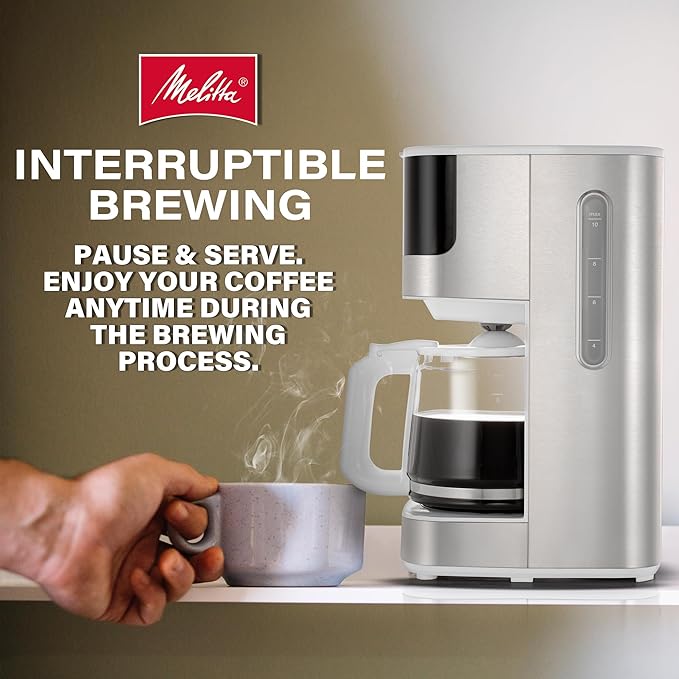 Melitta Aroma Tocco Glass Drip Coffee Maker | Programmable Coffee Machine | Glass Carafe Coffee Pot | 10 Cup Coffee Maker | Touch Control Panel | Stainless Steel accented | White
