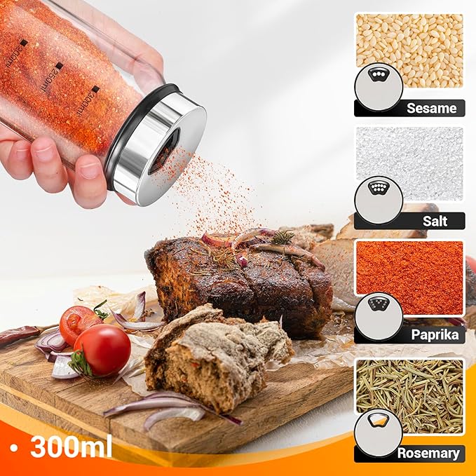 Segarty Spice Jar with Labels Set, 6 Pack 10oz Large Spice Jars with Shaker Lids, Empty Glass Spices Bottles for Salt Pepper Sugar, Seasoning Shakers with 136 Stickers, 1 Chalk Marker and 1 Brush