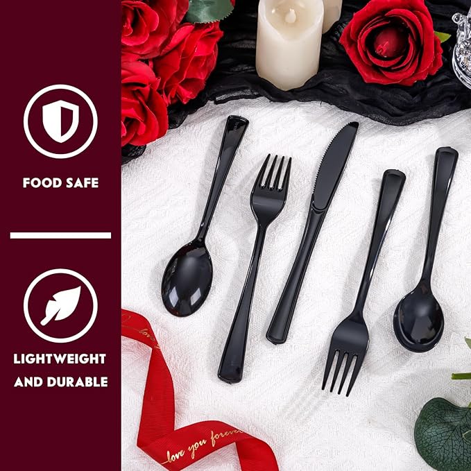 Supernal 300 Pieces Black Plastic Silverware Disposable Cutlery Black Disposable Silverware Heavy Duty Plastic Cutlery Set 100 Forks 100 Knives 100 Spoons for Wedding Party Supplies Everyday Use