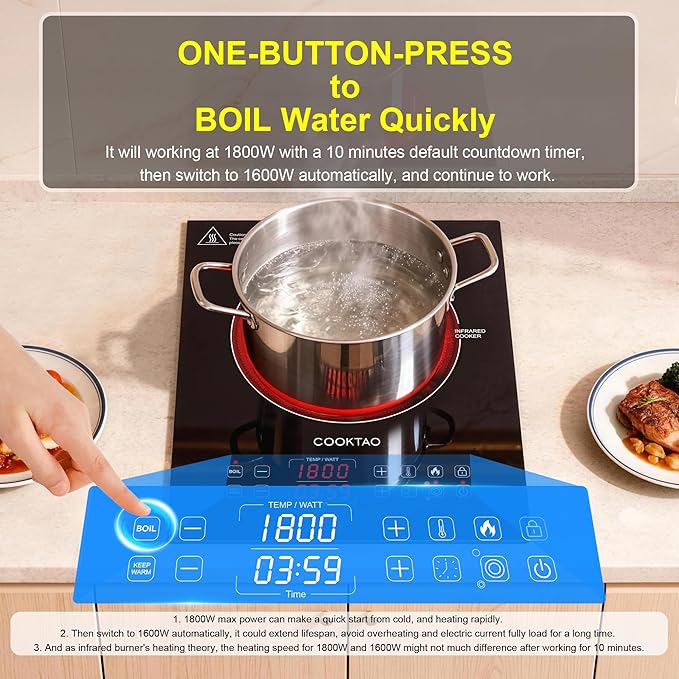 Dual Heating Coil Design of Single Burner Electric Cooktop, 1800W Ceramic Infrared Cooking Hot Plate, Portable Countertop or Built-in Radiant Stove Top Cooker with Wattage and Temperature Control