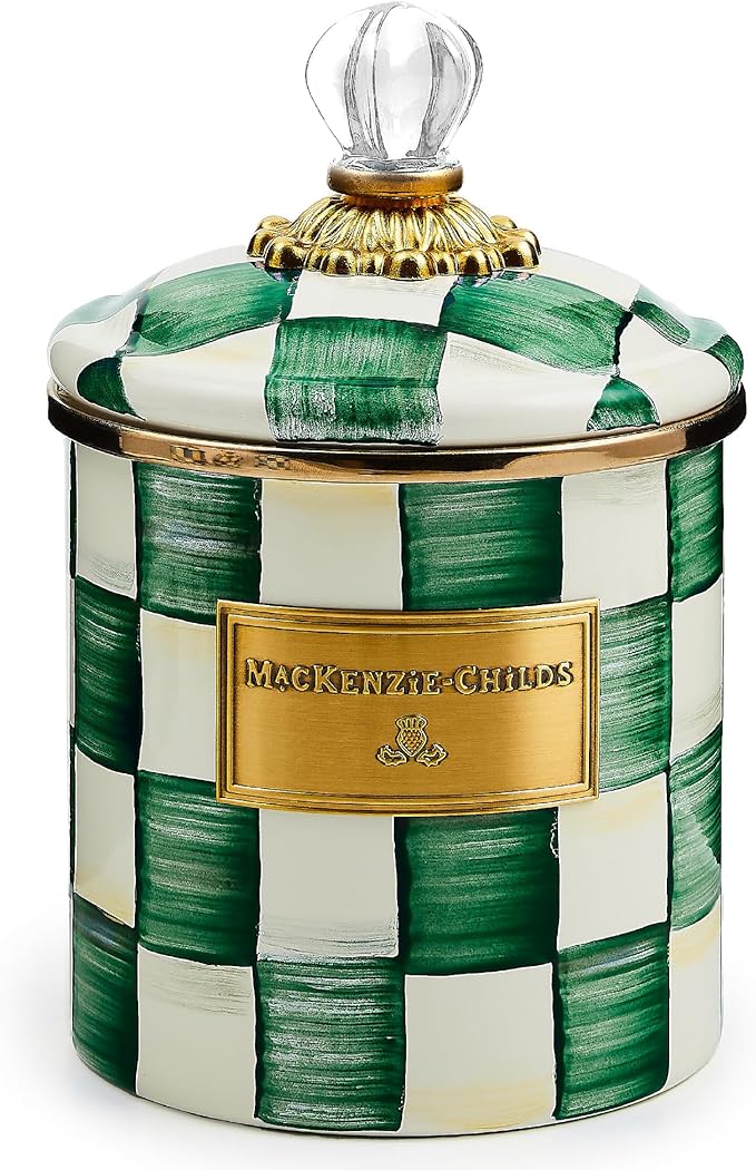 MACKENZIE-CHILDS Small Enamel Canister, Kitchen Storage Container with Lid, Green-and-White Emerald Check