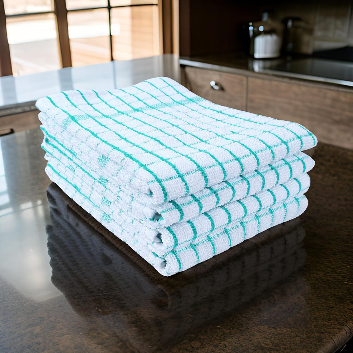 AMOUR INFINI Kitchen Towels Set of 4 - Highly Absorbent, Super Soft Terry Cotton 20x28 Inch Dish Towels with Hanging Loop - Hand & Tea Towels for Cleaning & Drying Dishes (Teal)