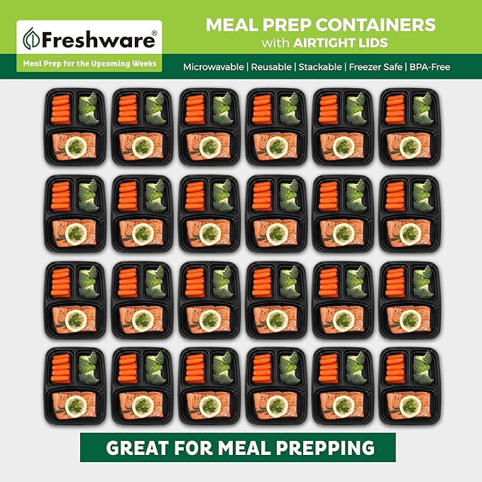 Freshware Meal Prep Containers [25 Pack] 3 Compartment with Lids, Food Storage Containers, Bento Box, Stackable, Microwave/Dishwasher Safe (32 oz)