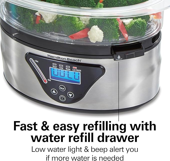 Hamilton Beach Digital Electric Food Steamer & Rice Cooker for Quick, Healthy Cooking for Vegetables and Seafood, Stackable Two-Tier Bowls, 5.5 Quart, Black & Stainless Steel