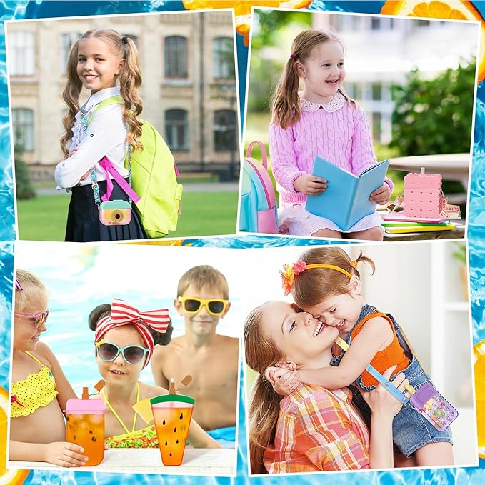 Patelai 8 Pcs Cute Water Bottles with Straw Kawaii Watermelon Ice Cream Cups Leak Proof Drinking Bottles with Adjustable Shoulder Strap for Sports Travel Camping(Stylish Style)