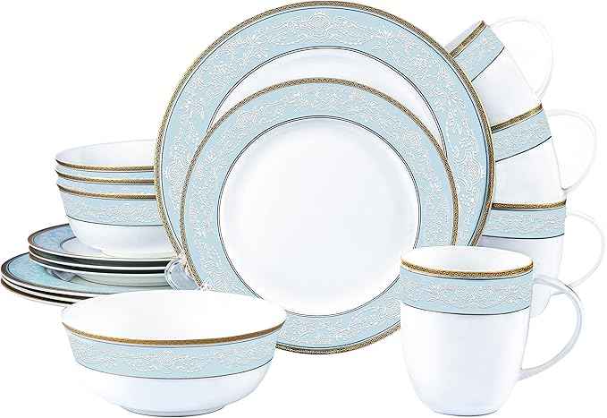 Fine Bone China Dinnerware Set,16 Pcs Classic Relief Pattern Gilt Edged High Grade Porcelain Tableware Sets For 4 People