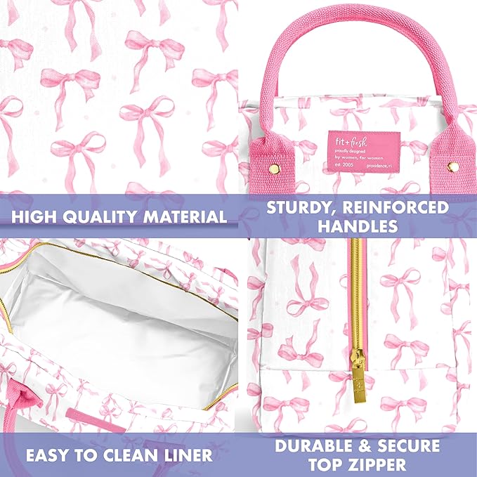 Fit & Fresh Bloomington Lunch Bag for Women - Insulated Large Lunch Box for Work with Containers, Leak-Resistant, Stain-Resistant, Zipper Closure, Pink Bows