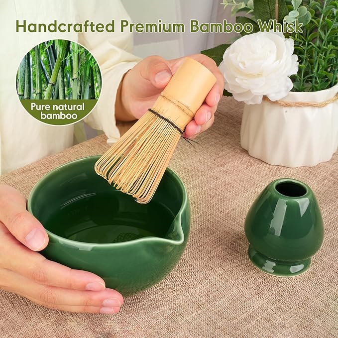 Matcha Whisk Set – Ceramic Matcha Set with Matcha Bowl, Matcha Whisk & Holder, Bamboo Scoop, Tea Towel – 5-Piece Japanese Matcha Kit for Matcha Lovers, Beginners & Gifting (Green, 17oz)