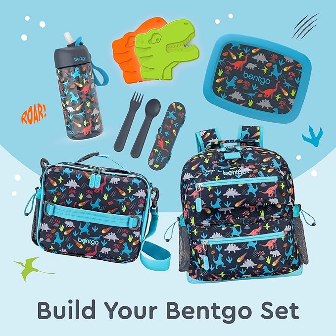 Bentgo Kids Lunch Bag - Durable, Double-Insulated Lunch Bag for Kids 3+; Holds Lunch Box, Water Bottle, & Snacks; Easy-Clean Water-Resistant Fabric & Multiple Zippered Pockets (Dinosaur)