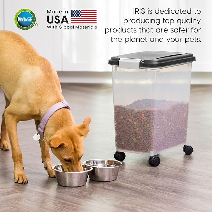 IRIS USA Airtight Dog Food Storage Container, Up to 30 lbs, Attachable Wheels, for Dog Cat Bird and other Pet Food Storage Bin, Keep Fresh, Easy Mobility, BPA Free, Black