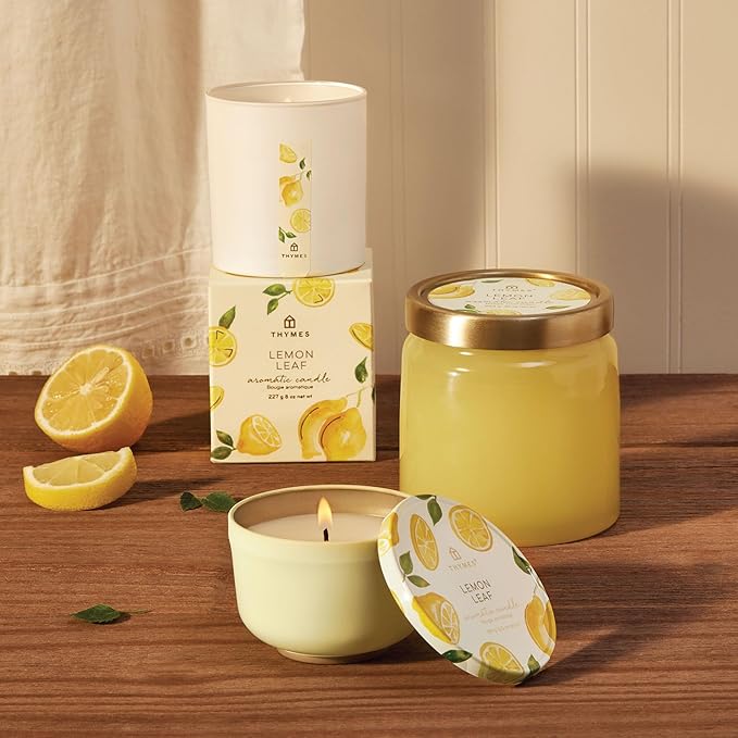 Thymes Scented Candles for Women & Men – Tin with Lid – Luxury Home Decor – Citrus Candles with Notes of Lemon Verbena, White Wood Accord, Lily of The Valley & Bergamot Oil (Lemon Leaf, 6.5 oz)