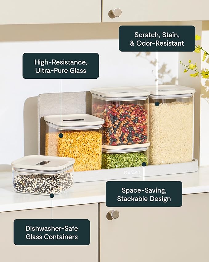 Caraway 2.5qt Glass Airtight Food Storage Container with Lid – Non-Toxic, BPA-Free Kitchen Storage Container – Stackable, Space-Saving Airtight Container for Dry Goods and More - Sage