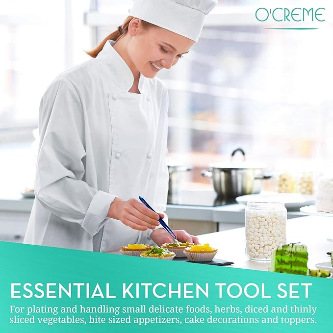O'Creme Blue Stainless Steel Precision Kitchen Culinary Fine-Tip Tweezer Tongs, 1 Curved and 1 Straight