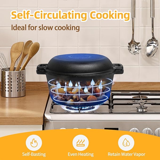 Pre-Seasoned Cast Iron Dutch Oven Pot with Skillet Lid, 5 Qt Bread Dutch Oven Includes Proofing Basket Sourdough Starter Kit for Bread Baking, Camping, Frying and Braising