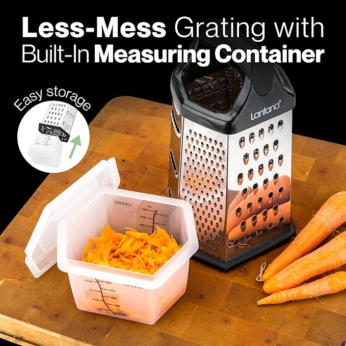 Lantana Cheese Grater for Kitchen with Container & Lid - Handheld Stainless Steel Box Food Shredder with Handle and 6 Essential Functions for Coarse, Medium, Fine, or Micro Grating/Shredding/Zesting